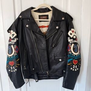Vintage Leather Biker Jacket with Colorful Patches